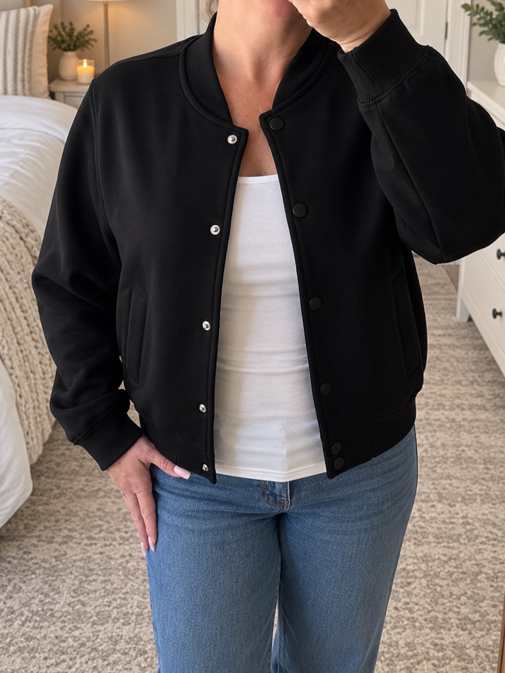 🔥BRAND NEW Truth Black Snap-Front Varsity Jacket - Minimalist Style